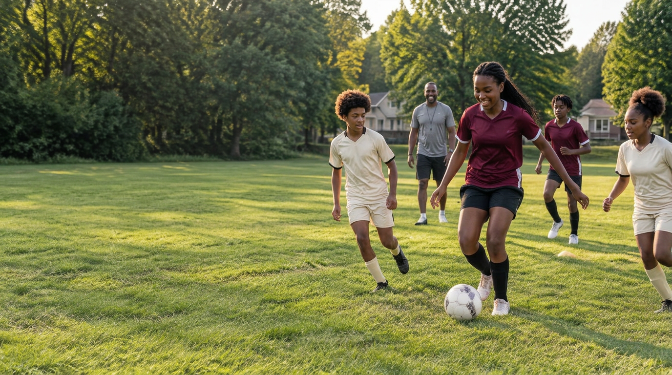 Illustration of young people playing soccer together in an Indianapolis neighborhood park
